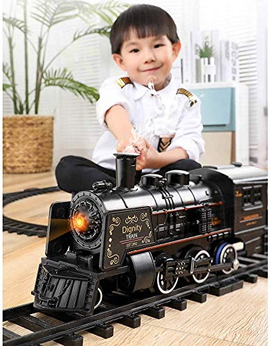Bprtcra - Set di treno elettrico con locomotiva a vapore, con luci sonore realistiche per treno e fumo nero
