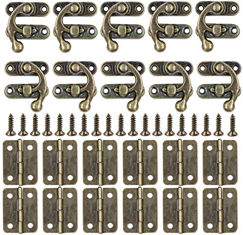 Lot de 10 crochets de verrouillage antiques rétro gauche/droite + 12 petites charnières avec vis, parfait pour la décoration de boîtes en bois