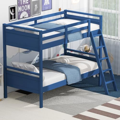Giantex Twin Over Twin Bunk Bed for Kids, Solid Wood Bunk Bed with Ladder and Safety Guardrails, Convertible into 2 Separate Twin Beds, Space-Saving Design for Boys and Girls Bedroom, Navy