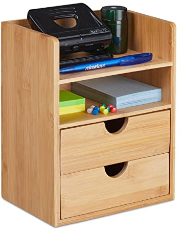 Relaxdays Schreibtisch Organizer, 2 Schubladen & Ablagen, Büroutensilien, Bambus Schubladenbox, HBT 24x19x13 cm, natur