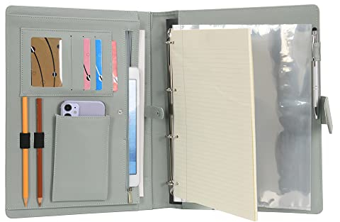 Wonderpool A4 PU Leder Ringhalter Schreibmappen Multi Dokumententasche mit Herausnehmbarem Binder Klemmbretter und funktioneller Tasche für Organizer Büro Reise Schule (Grün)