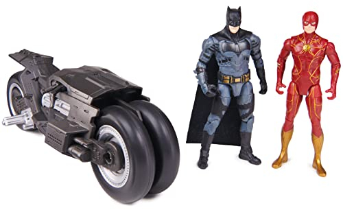 DC Comics THE FLASH – Confezione da Batcycle + 2 statuette da 10 cm, veicolo + figure articolate, rivivi le avventure dei supereroi Batman e Flash, film The Flash, giocattolo per bambini 3 anni e +