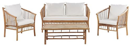 Beliani Lounge Set 4-teilig Bambusholz Hellbraun mit Auflagen weiß Rustikal Maggiore