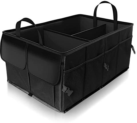ZENO Car Boot Organiser Bag | Car Boot Tidy Storage | Collapsible Heavy Duty Trunk | Portable Multi Compartment Shopping Holder | Non Slip & Adjustable Securing | Black