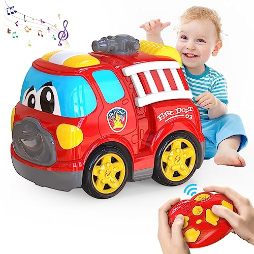 Ferngesteuertes Auto ab 2 3 Jahre Feuerwehr Spielzeug mit Musik aufleuchtender Taste 19CM Ferngesteuerte Feuerwehrauto Cartoon RC Auto Geburtstags Weihnachten Neujahr Geschenk für Junge Mädchen