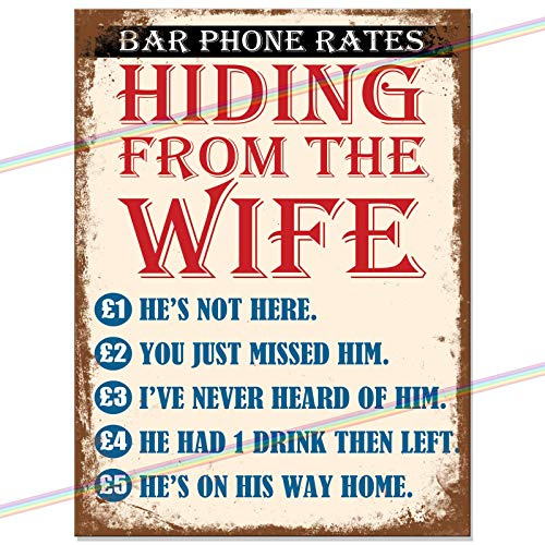 Hiding From The Wife Funny Metal Bar Sign | Retro Wall Plaque for Man Cave, Garden Bar & Garage | Witty Father's Day 2026 | Vintage Pub Memorabilia | 20cm x 15cm | Made in UK