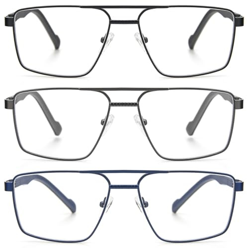 KoKoBin Lot de 3 lunettes de lecture en métal pour homme - Cadre rectangulaire en acier inoxydable avec charnières à ressort - Lunettes de lecture vintage Eyewear (3 pièces (noir, bleu, gris), 1,5)