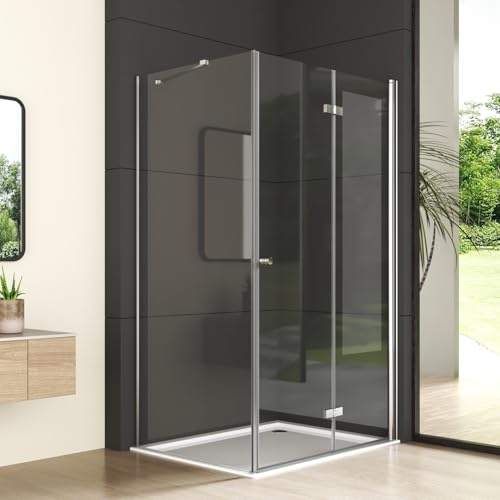 Duschkabine Falttür mit Seitenwand 100x80cm Eckeinstieg Duschabtrennung, Silber Drehfalttür mit festem Seitenteil, beide Seiten faltbar Duschwand mit 6mm ESG Glas, Höhe 185cm