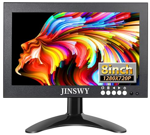 JINSWY 8 Mini Security Monitor, Portable 1280x720 Metal Screen, HDMI/VGA/AV/BNC Input, Built-in Speakers & Remote, for CCTV Surveillance and Security Systems