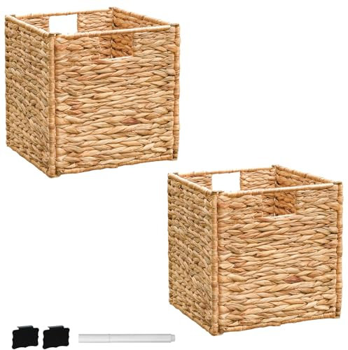 Lot de 2 paniers de rangement pliables en osier tissés à la main avec poignées en jacinthe d'eau avec tableaux à lettres et marqueurs blancs, 30,5 x 30,5 x 30,5 cm