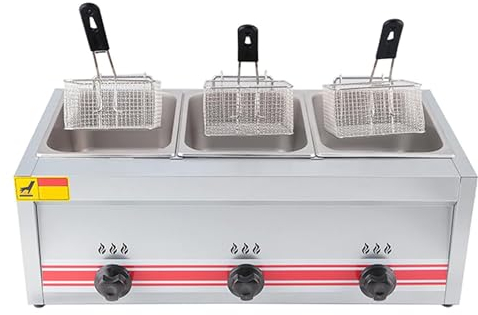Friteuse à Gaz Professionnelle,Friteuse Commerciale En Acier Inoxydable Avec Panier Et Couvercle Pour La Cuisson Des Aliments Et Des Frites Maison Pour Comptoir De Restaurant,Triplecylinder10l+10l+10l