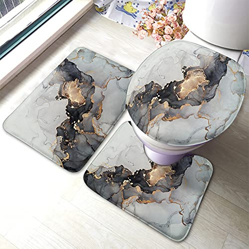 Bathroom Mat Sets 3 Piece Marble Minimalist Ink Texture Black Grey Gold Yellow Absorbent U Shape Wc Toilet Rug Soft Toilet Lid Cover Mat Warmer 3 Piece Bathroom Rug Set