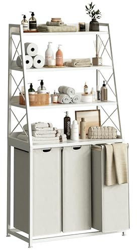 Herture 180L Laundry Basket 3 Compartments, Laundry Hamper with 4 Tiers Shelf, Laundry Sorter with 3 Large Pull-Out Removable Laundry Bags, 3 x 60L, for Bathroom Utility Room, White PF05XLW