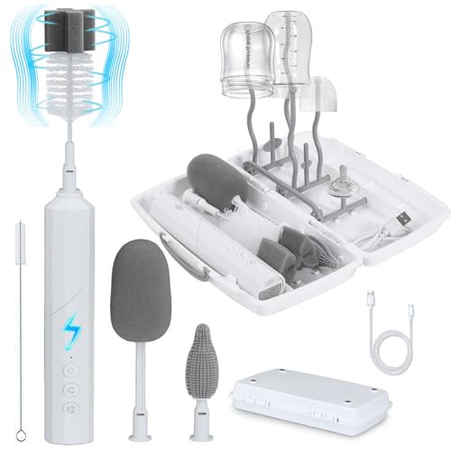 Yoobao Electric Baby Bottle Cleaner Kit, Rechargeable Travel Bottle Cleaner Set with Drying Rack, 3 Speed Cleaning Modes, Nipple, Straw, Sponge Brush, Ideal Present for After Birth Moms