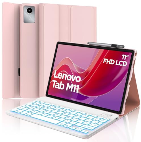 SENGBIRCH Funda con Teclado para Lenovo Tab M11, Español Ñ Bluetooth Retroiluminación Inalámbrico Teclado para Lenovo M11 Tablet (TB330FU/ TB330XU) 2024 11, Rosa
