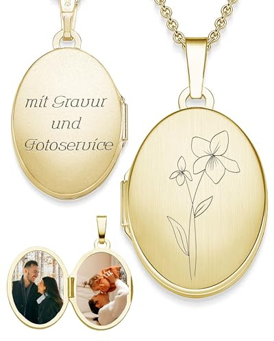 Amoonìc Damen Medaillon mit Geburtsblume oval Silber 925 / Gold vergoldet | Kette zum Öffnen für Bilder personalisiert mit Geburtsblumen Gravur, Geschenk Geburtstag