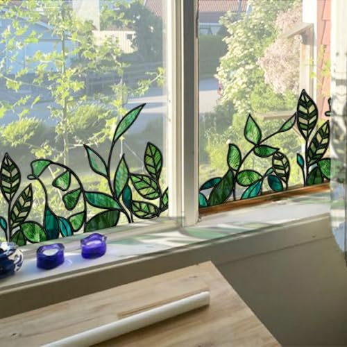 ChicSkin Original Hand Drawn Green Window Stickers 30x150cm, Stain Glass Window Film No Glue, Static Cling Glass Covering Decal, Green Leaves