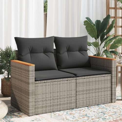 Myheimly Gartensofa 2-Sitzer mit Kissen Grau Poly Rattan mit Stauraum Sofa mit Staufach unter Sitzfläche, Terrassensofa mit abnehmbarem waschbarem Bezug, Gartenmöbel Sofagarnitur
