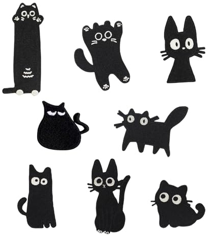8 Stickerei-Aufnäher, schwarze Katze, bestickt, zum Aufnähen/Selbstkleben, niedliches Tier, geeignet für Kleidung, Rucksäcke, Hüte