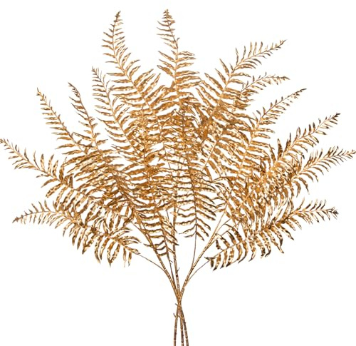 Oairse Set of 3 Artificial Gold Fern Stems 76cm Glitter Faux Fern Branches for Xmas Christmas Tree Decorations, Holiday Floral Arrangements, Wedding Centerpieces, Home and Party Decor