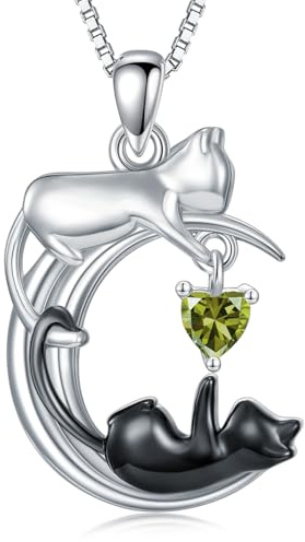 SLIACETE Halsband med vit och svart katt månhänge sterlingsilver katthalsband smycken gåva för kvinnor, Normal, Sterlingsilver, Kubisk zirkonia