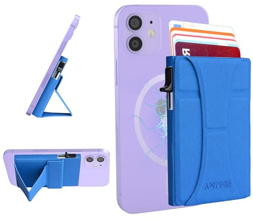 Tarjetero MagSafe de Cuero Vegano con Soporte Ajustable y Bloqueo RFID, Magsafe Wallet Apple, Cartera Magnética Compatible con iPhone 12 13 14 15 16. Capacidad para 7 Tarjetas (Azul Electrico/Plata)