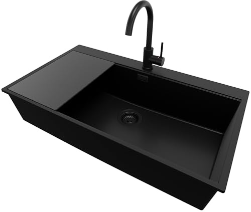 PRIMAGRAN Lavandino da Cucina al Mobile 90cm + Rubinetto, 88x50cm | Set: Rubinetto BW5010 + Kit di scarico + Tagliere + Lavello in Granito a 1 Vasca - Oslo 90 Top, Tutto Nero