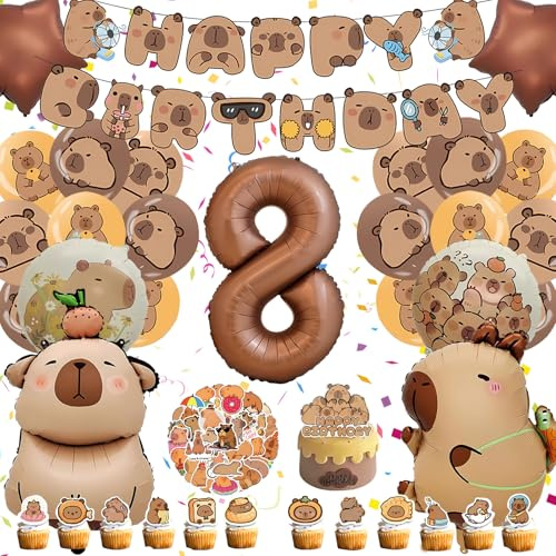 Decorazioni Compleanno Capibara 8 Anni, Palloncino Numero 32 Pollici | Palloncino numero 8 32 pollici, palloncini Capybara, lattice marroni, adesivi e topper torta