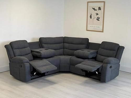 SofaHeaven Grey Fabric Recliner Sofa For Living Room Furniture With Drop - Down Table & Cup Holders (Corner)