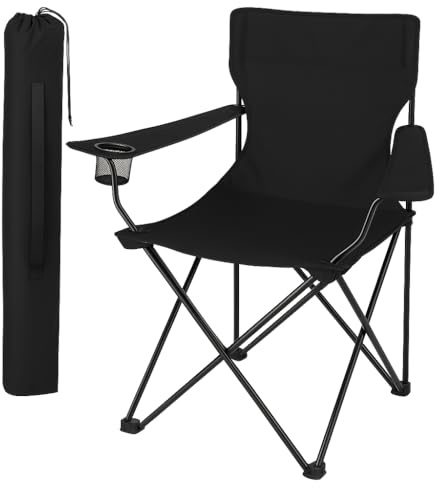 Folding Camping Chair – Lightweight Portable Foldable Outdoor Seat with Armrests & Carry Bag – Ideal for Camping, Fishing, Beach, Festivals, Travel & Garden (Black)