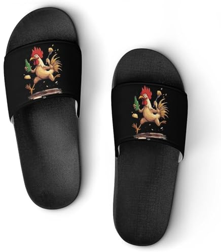 Kung Fu Cock Rooster with Beer Summer Slide Sandals Shower Slipper Open Toe House Shoes for Men Women 42 (260mm)