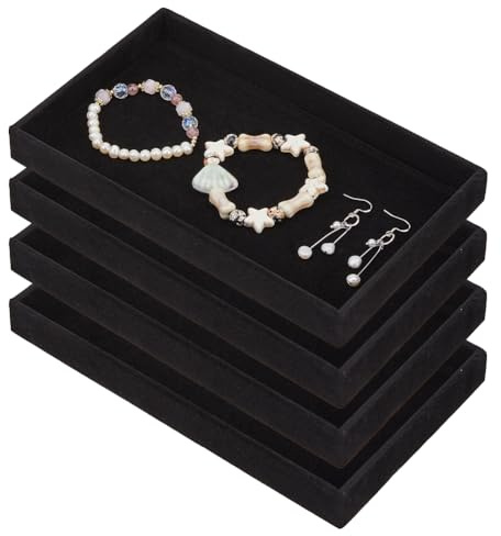 DICOSMETIC 4 vassoi per gioielli in velluto nero rettangolari vassoi per presentazione di gioielli, orecchini impilabili, anelli, collane, titolari, vassoio, organizzatore vuoto per gioielli, vetrina