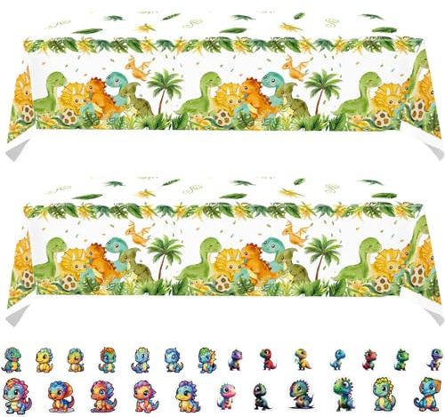 ZenyTra Dinosaurier Tischdecke Set - 2X Dino Tischtuch 220x130cm + 25 Dino Aufkleber für Dinosaurier Geburtstagsparty Deko, Kinderzimmer Deko, Dino Party Dekorationen für Jungen