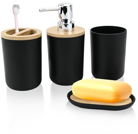 4 Piece Plastic Bathroom Set with Bamboo Cover - Soap Dispenser, Toothbrush Holder, Bathroom Cup, Soap Dish for Bathroom Organizing (Black)
