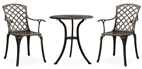 QJBSAVVA 3-TLG. Bistro-Set Alu-Guss bronzen 61x60x93 cm hochlehnig mit Armlehne + 62 cm Tisch Balkon-Set
