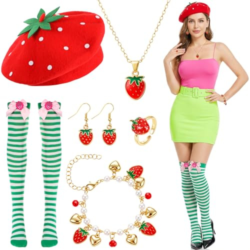 Disfraz de Fresa para Adultos, Accesorios de Disfraz de Fresa Boina Calcetines altos Pendientes Collar Pulsera Anillo Conjunto de joyas Strawberrys para Halloween Carnaval Fiesta Temática Cosplay