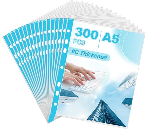 ZOFUN 300 Stück Prospekthüllen DIN-A5, 60 my, Prospekthüllen transparent DIN A5, Klarsichtfolien, Klarsichthüllen Sichthüllen Gelochte Plastikhülle für Ordner Dokumente Papiere