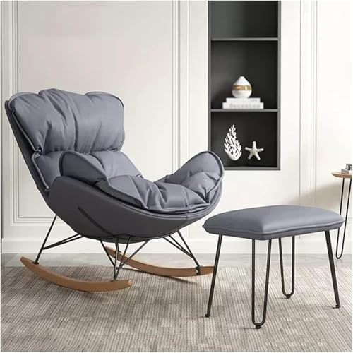 Schaukelstuhl mit hoher Rückenlehne und Ottomane, gemütliches Relax-Sofa für Wohnzimmer und Schlafzimmer, stilvolles graues Loung-Fell, bequemes und elegantes Design