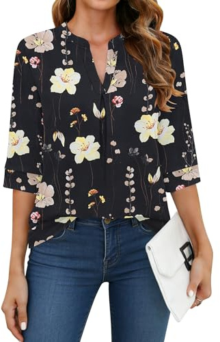 WNEEDU Camiseta de Manga 3/4 Mujer Ceullo Pico Casual Túnica Tops Camisa de Basicas Blusas Larga Negro Amarillo Floral XXL