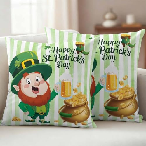 Vyrn Klynt Waterproof Throw Pillow Covers Set of 2 St. Patrick's Day Beer Funny Dwarf Outdoor Cushion Cover Pillow Protector Decorative Pillowcases for Bed Sofa Couch Gold Green Stripes