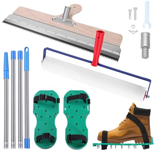 Bodenbeschichtung Set, Stachelwalze Ausgleichsmasse - 56cm Stehrakel, 48cm Entlüftungswalze und 30cm Nagelschuhe | Edelstahl Stehrakel mit Teleskopstiel 200cm | Keine Biegearbeiten