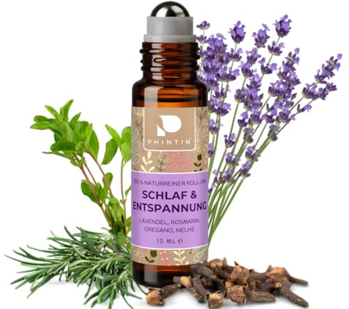 PHINTIN Roll-On Schlaf & Entspannung 10 ml Ätherische Öle NATURREIN | Aroma-/ Duftroller mit Mandelöl, Jojoba & Argan | Aromatherapie & Abendroutine Duftöl mit Lavendel, Rosmarin, Oregano, Nelke
