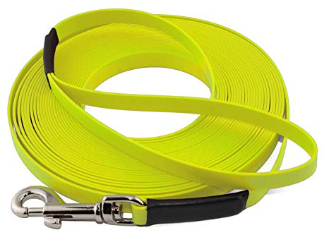 LENNIE Leichte BioThane Schleppleine, 16mm, Hunde 25-35kg, 15m lang, mit Handschlaufe, Neon-Gelb, genäht