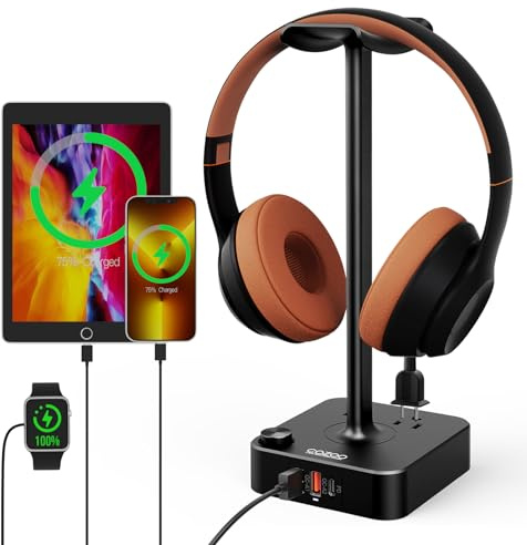COZOO Headphone Stand with USB Charger Desktop Gaming Headset Holder Hanger with 3 USB Charging Station and 2 Outlets Power Strip,Suitable for Gaming, DJ,Wireless Earphone Display, Gamer Gifts for Men