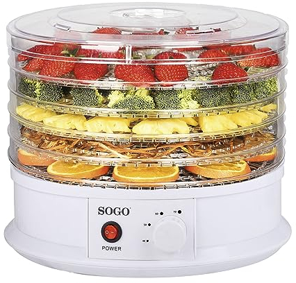 SOGO Deshidratador de Alimentos con 5 bandejas apilables giratorias de 32x2 cm, temperatura regulable de 40 – 70°C, 250W, Blanco, sin BPA (SS-10460)