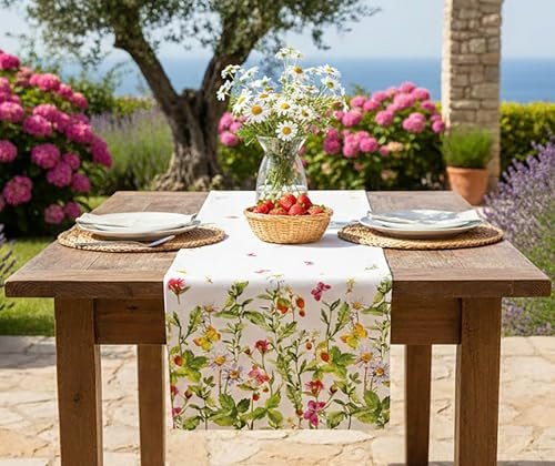 KAMACA Tischläufer Wiesenblumen und Schmetterlinge – 40x140 cm Läufer für Frühling und Sommer – Florales Druck-Motiv für Garten, Outdoor und Haus – Waschbare Tischwäsche
