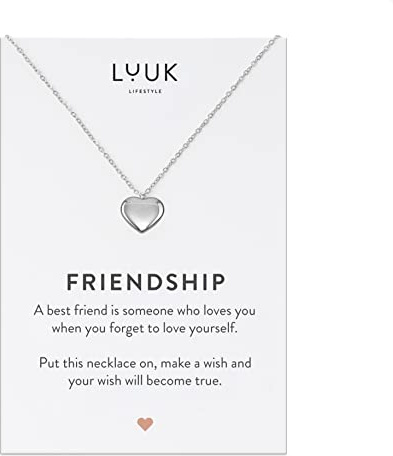 LUUK LIFESTYLE Edelstahl Halskette mit Anhänger und Friendship Spruchkarte, Glücksbringer, Freundschaftskette, Damen Schmuck - Herz Halskette - Silber
