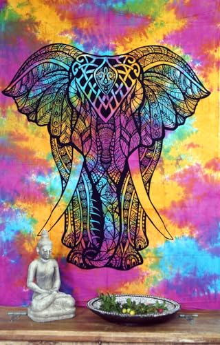 Wandbehang, indische Baumwolltagesdecke, Chakra Yogi Elefant / Regenbogen | 100% Baumwolle, handgefertigt, traditionelles Design, vielseitig einsetzbar, dekorativ und einzigartig.