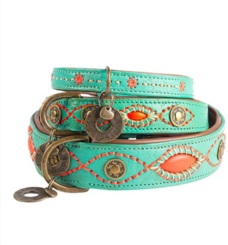 Dog with a Mission - Hundehalsband XS | Türkises Leder, Orange | Hübsch, Boho, Ethno, Urban, Hippie | Kleine Hunde | Handgemacht | Modisch und Bunt | Aus weichem Echtes Leder | Luxe | 2 cm Breit