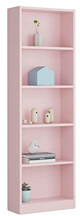 Dmora - Libreria Pomona, Mobile portalibri alta a 5 ripiani, Scaffale da ufficio o cameretta, Scaffale moderno con scomparti, 52x25h180 cm, Rosa
